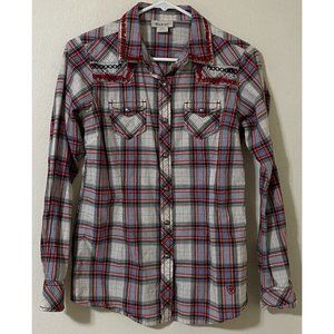 Ariat Women's Western Long Sleeve Metal Snap Button Small Plaid Shirt Red Gray